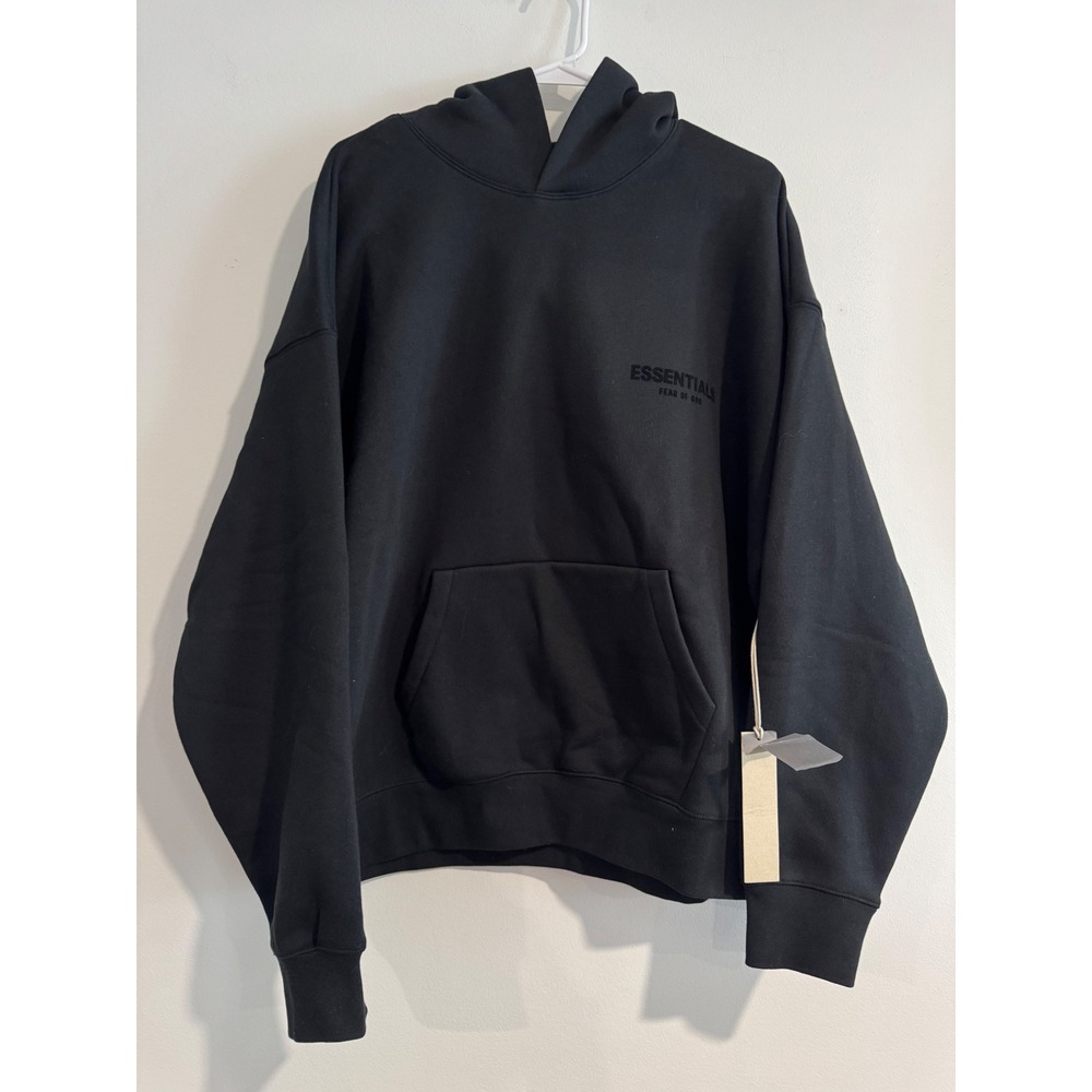 Fear of God Essentials Pullover Hoodie Mens Large Black Flocked Logo NWT